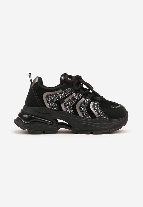 Czarne Sznurowane Sneakersy na Platformie Ozdobione Brokatem Ewla 4