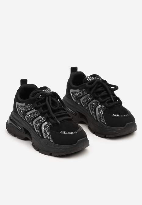 Czarne Sznurowane Sneakersy na Platformie Ozdobione Brokatem Ewla 5