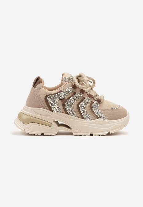 Ciemnobeżowe Sznurowane Sneakersy na Platformie Ozdobione Brokatem Ewla 4