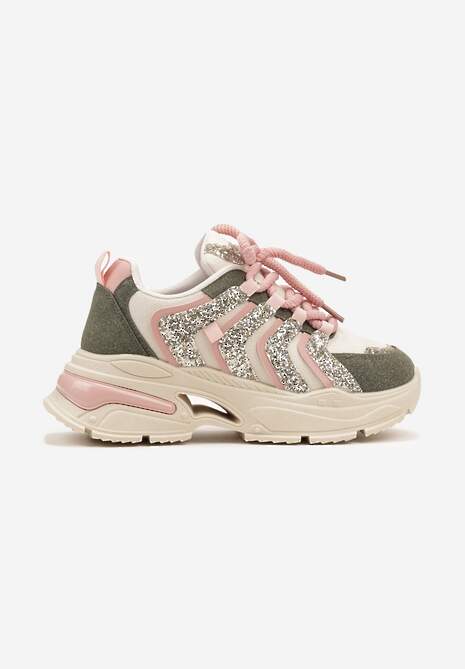 Beżowo-Zielone Sznurowane Sneakersy na Platformie Ozdobione Brokatem Ewla 4