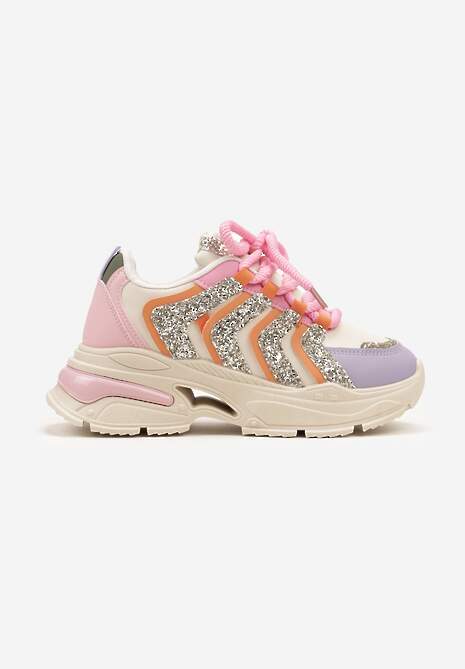 Beżowo-Fioletowe Sznurowane Sneakersy na Platformie Ozdobione Brokatem Ewla 4