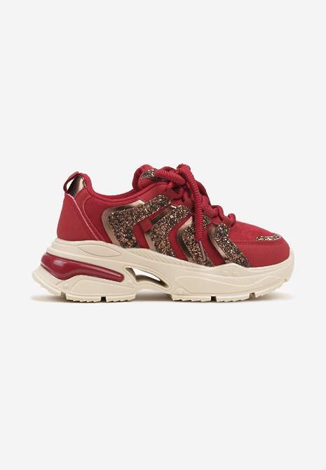 Bordowe Sznurowane Sneakersy na Platformie Ozdobione Brokatem Ewla 4
