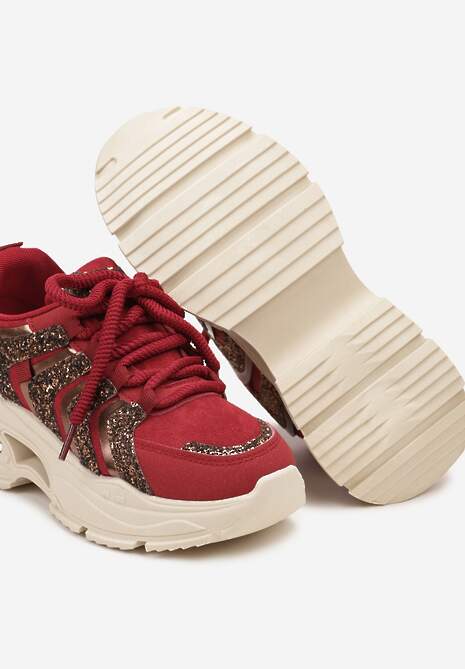 Bordowe Sznurowane Sneakersy na Platformie Ozdobione Brokatem Ewla 6