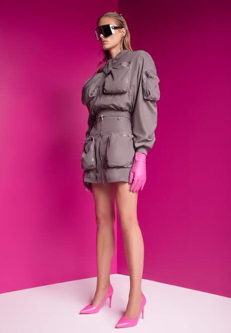 Szary Komplet Kurtka Bomberka z Marszczeniem na Rękawach Spódnica Ozdobiona Kieszeniami Dlisera 7