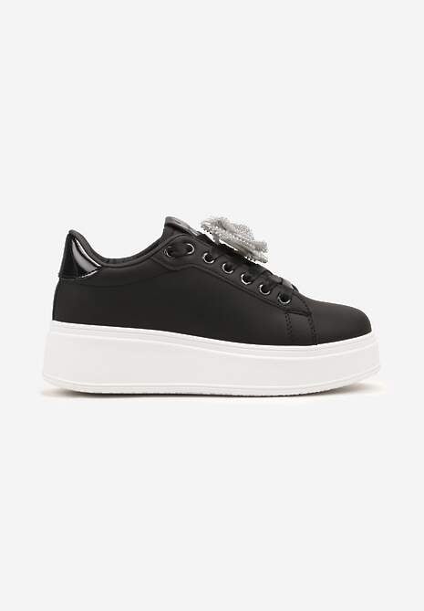 Czarno-Srebrne Sneakersy na Platformie z Aplikacją Kwiatu 3D z Cyrkoniami Navilda 4