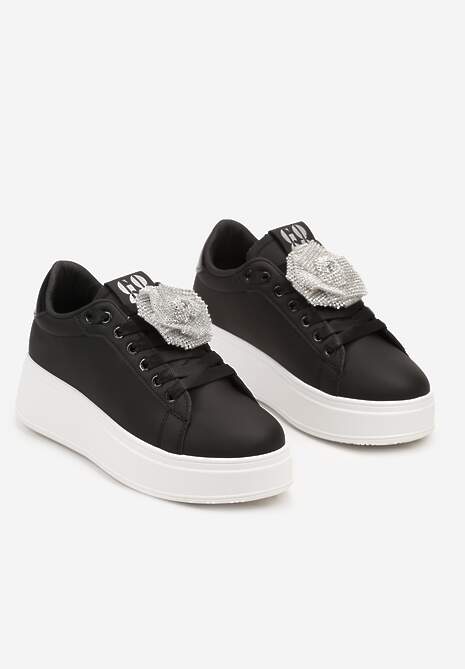Czarno-Srebrne Sneakersy na Platformie z Aplikacją Kwiatu 3D z Cyrkoniami Navilda 5