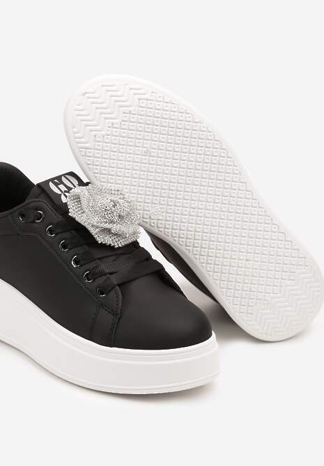 Czarno-Srebrne Sneakersy na Platformie z Aplikacją Kwiatu 3D z Cyrkoniami Navilda 6
