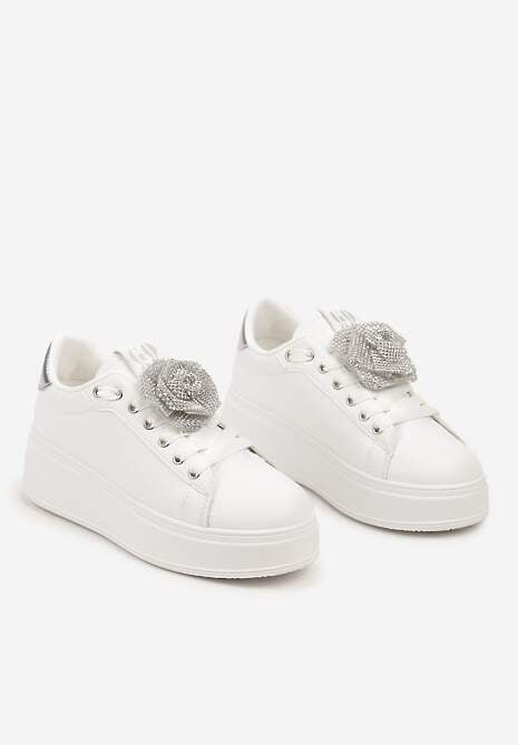 Biało-Srebrne Sneakersy na Platformie z Aplikacją Kwiatu 3D z Cyrkoniami Navilda 5
