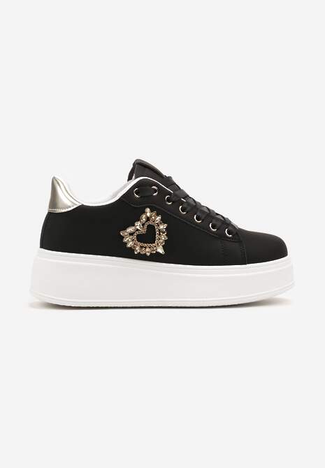 Czarne Sneakersy na Platformie z Aplikacją Serca z Cyrkonii Elisana 4