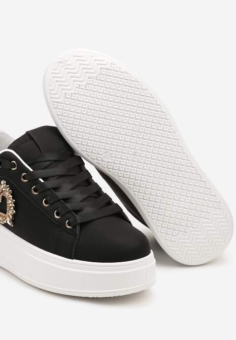 Czarne Sneakersy na Platformie z Aplikacją Serca z Cyrkonii Elisana 6