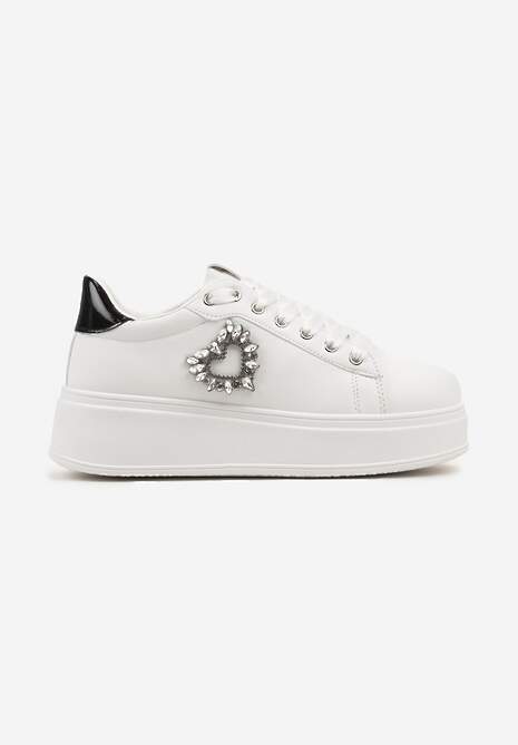 Biało-Czarne Sneakersy na Platformie z Aplikacją Serca z Cyrkonii Elisana 4