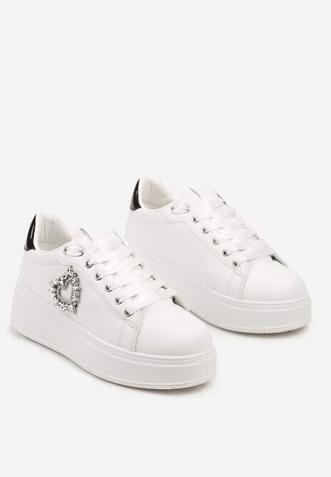 Biało-Czarne Sneakersy na Platformie z Aplikacją Serca z Cyrkonii Elisana 5