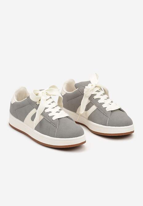 Szare Sznurowane Sneakersy na Płaskie Podeszwie Wykończone Geometrycznym Wzorem Genaria 5