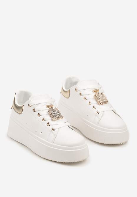 Biało-Złote Sneakersy na Platformie Ozdobione Cyrkoniami i Aplikacją 3D Daneria 5