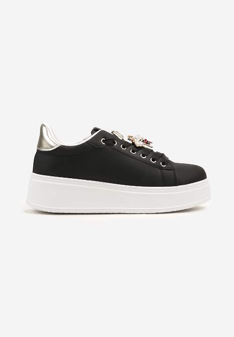 Czarne Sneakersy na Płaskiej Podeszwie Ozdobione Cyrkoniami i Aplikacją 3D Vlisora 4