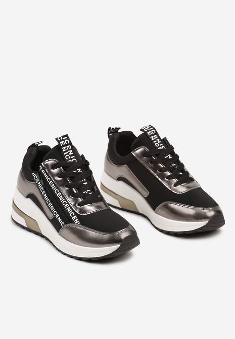 Czarne Sznurowane Sneakersy na Koturnie Ozdobione Suwakiem i Metalicznym Wykończeniem Vlissa 5