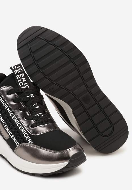 Czarne Sznurowane Sneakersy na Koturnie Ozdobione Suwakiem i Metalicznym Wykończeniem Vlissa 6