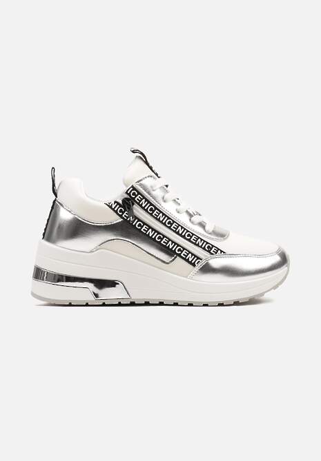 Srebrne Sznurowane Sneakersy na Koturnie Ozdobione Suwakiem i Metalicznym Wykończeniem Vlissa 4