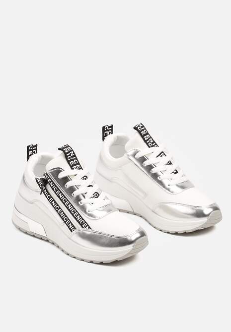 Srebrne Sznurowane Sneakersy na Koturnie Ozdobione Suwakiem i Metalicznym Wykończeniem Vlissa 5