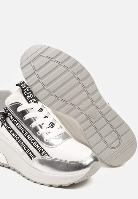 Srebrne Sznurowane Sneakersy na Koturnie Ozdobione Suwakiem i Metalicznym Wykończeniem Vlissa 6