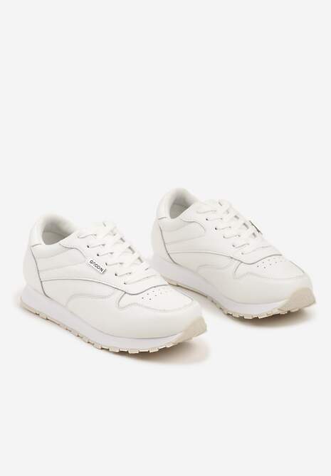 Białe Sneakersy na Płaskiej Podeszwie z Naturalnej Skóry z Perforacją Miviia 5