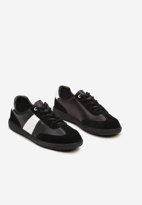 Czarno-Białe Sneakersy na Płaskiej Podeszwie ze Skóry Naturalnej Ozdobione Przeszyciami Milirea 5