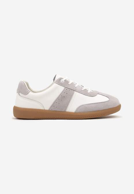 Biało-Szare Sneakersy na Płaskiej Podeszwie ze Skóry Naturalnej Ozdobione Przeszyciami Milirea 4