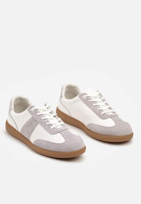 Biało-Szare Sneakersy na Płaskiej Podeszwie ze Skóry Naturalnej Ozdobione Przeszyciami Milirea 5