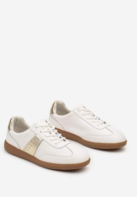 Biało-Złote Sneakersy na Płaskiej Podeszwie ze Skóry Naturalnej Ozdobione Przeszyciami Milirea 5