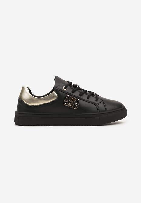Czarno-Złote Sneakersy na Płaskiej Podeszwie ze Skóry Naturalnej z Aplikacją 3D Milisea 4