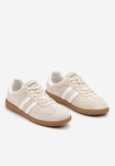 Beżowe Sneakersy ze Skóry Naturalnej na Płaskiej Podeszwie Wykończone Paskami Navinda 5