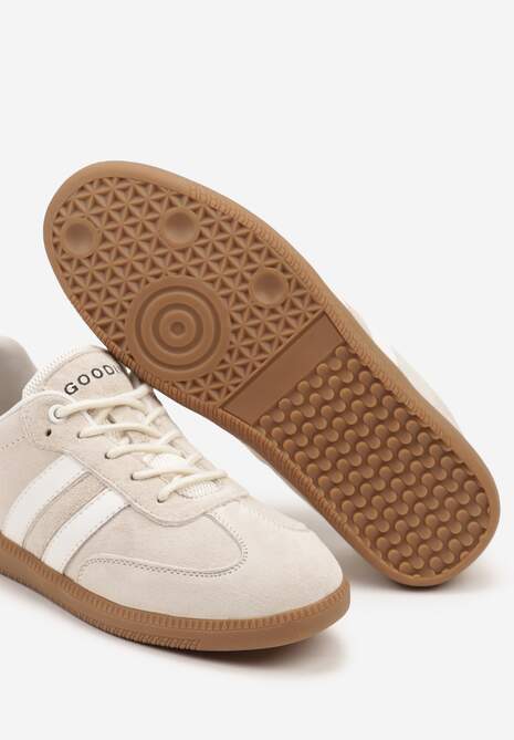 Beżowe Sneakersy ze Skóry Naturalnej na Płaskiej Podeszwie Wykończone Paskami Navinda 6