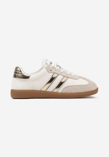 Biało-Złote Sneakersy ze Skóry Naturalnej na Płaskiej Podeszwie Wykończone Paskami Navinda 4