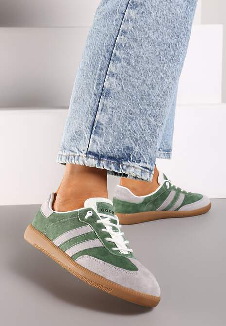 Zielono-Szare Sneakersy ze Skóry Naturalnej na Płaskiej Podeszwie Wykończone Paskami Navinda