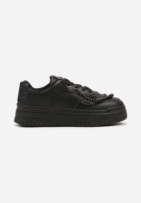 Czarne Sneakersy na Platformie Wykończone Koralikami i Łańcuszkami Milandra 4