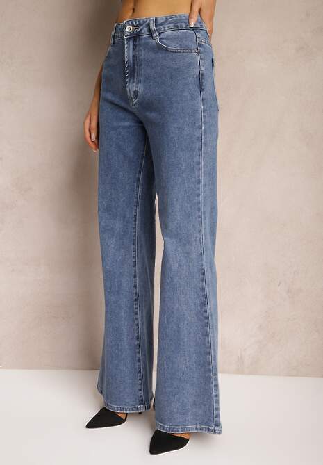 Granatowe Jeansy z Bawełny o Kroju Dzwonów High Waist Navilis 4
