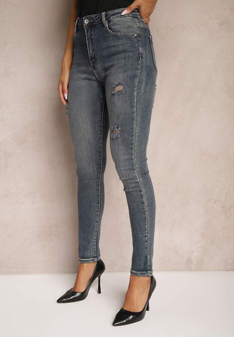 Granatowe Bawełniane Skinny Jeansy Ozdobione Przetarciami Evialyn 4
