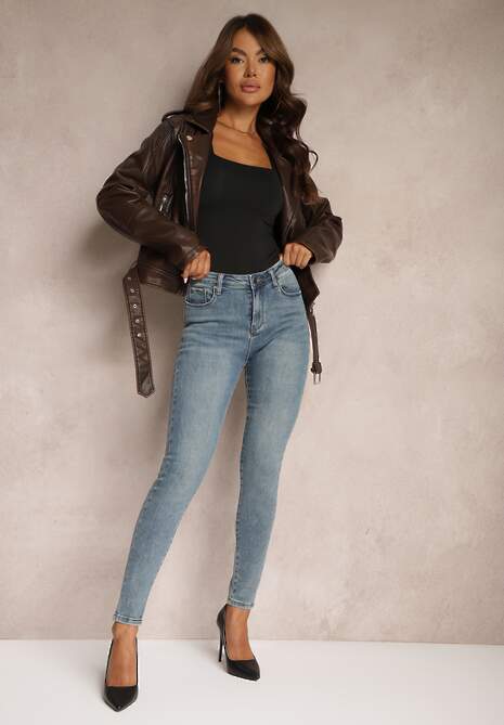 Niebieskie Jeansy Push Up o Kroju Slim High Waist z Dodatkiem Bawełny Evrinda