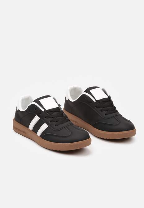 Czarne Casualowe Sneakersy na Płaskiej Podeszwie ze Sznurowaniem Ozdobione Paskami Evilene 5
