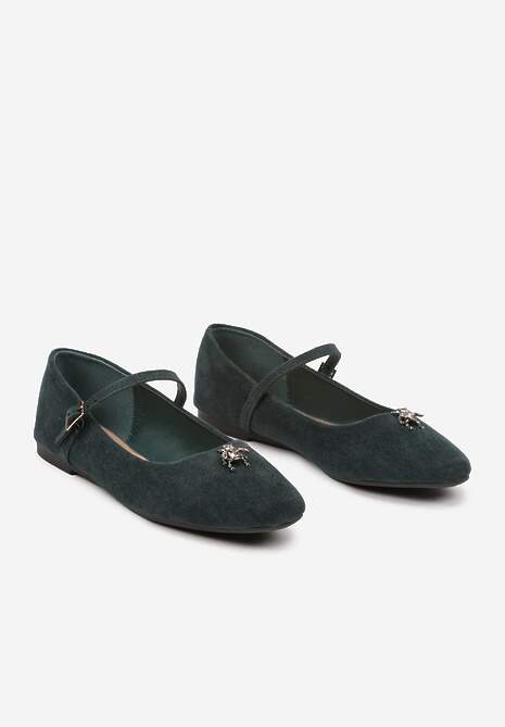 Zielone Balerinki na Płaskiej Podeszwie Wykończone z Przodu Metaliczną Aplikacją Eviane 5