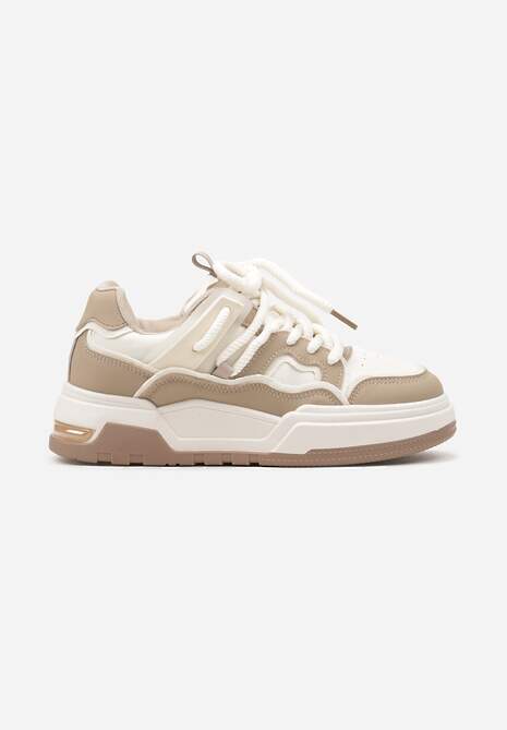 Ciemnobeżowe Sznurowane Sneakersy na Płaskiej Podeszwie Eviline 4
