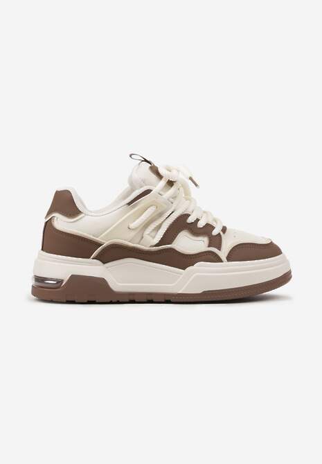 Brązowo-Beżowe Sznurowane Sneakersy na Płaskiej Podeszwie Eviline 4