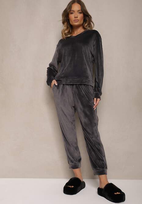 Ciemnoszary Komplet Dresowy z Weluru Luźna Bluza z Dekoltem w V i Elastyczne Spodnie z Kieszeniami Esparkia