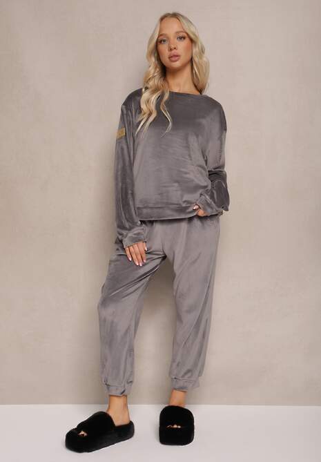 Ciemnoszary Welurowy Komplet Dresowy z Oversizową Bluzą i Spodniami Anitri