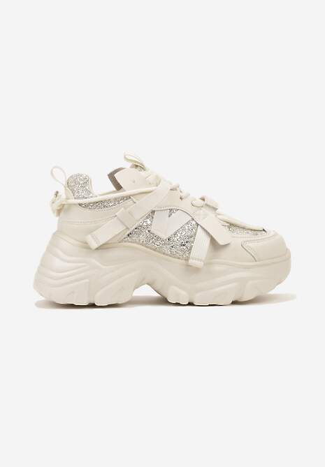 Beżowe Sneakersy na Platformie Ozdobione Metalicznymi Wstawkami Paliefra 4