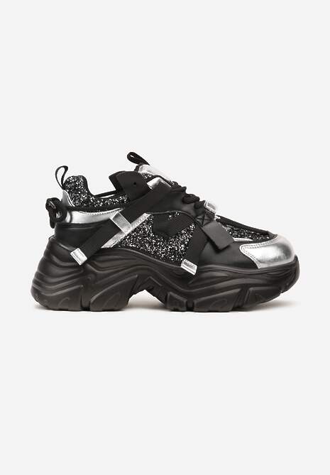 Czarno-Srebrne Sneakersy na Platformie Ozdobione Metalicznymi Wstawkami Paliefra 4