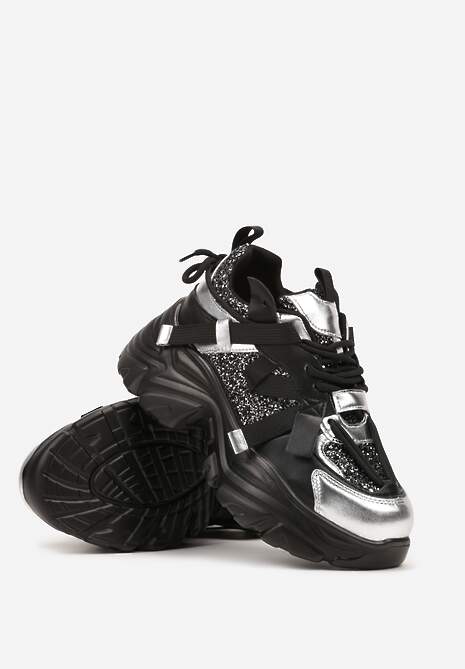Czarno-Srebrne Sneakersy na Platformie Ozdobione Metalicznymi Wstawkami Paliefra 5