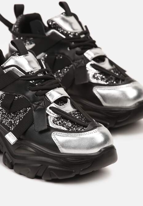 Czarno-Srebrne Sneakersy na Platformie Ozdobione Metalicznymi Wstawkami Paliefra 6