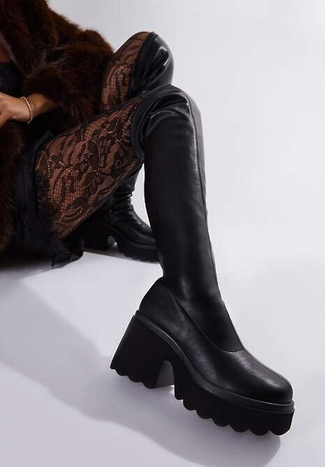 Czarne Kozaki na Platformie i Słupku z Dopasowaną Cholewką za Kolano Geniefra