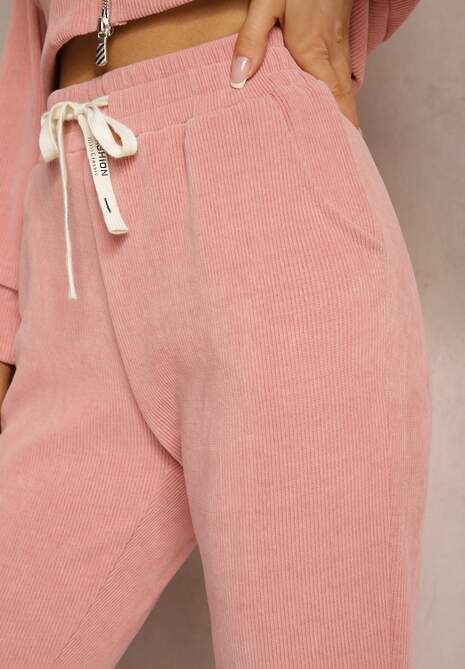 Różowe Dresowe Spodnie z Dodatkiem Bawełny High Waist z Gumką w Pasie Pesaria 5